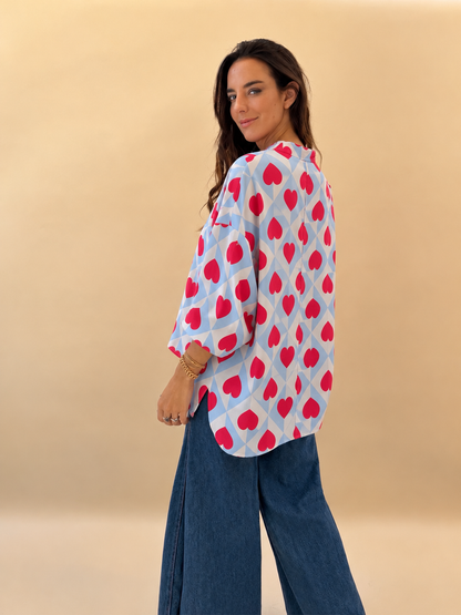 Blusa Paz - Corazón Celeste y Rojo