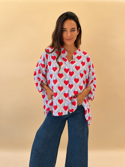 Blusa Paz - Corazón Celeste y Rojo